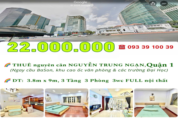 22 Triệu: thuê nguyên căn Quận 1 Nguyễn Trung Ngạn cầu Ba Son- 3 tầng 3 phòng ngủ 3wc Full nội thất