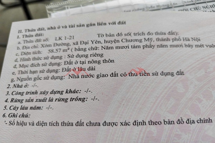CHÍNH CHỦ BÁN LÔ ĐẤT SÁT NGAY KHU ĐẤU GIÁ 58,57M TẠI ĐẠI YÊN-CHƯƠNG MỸ-HÀ NỘI