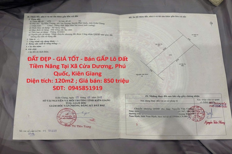 ĐẤT ĐẸP - GIÁ TỐT - Bán GẤP Lô Đất Tiềm Năng Tại Xã Cửa Dương, Phú Quốc, Kiên Giang