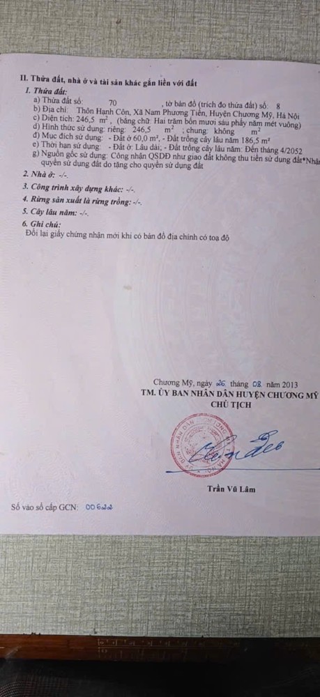 CHÍNH CHỦ BÁN LÔ ĐẤT 246,5M TẠI NAM PHƯƠNG TIẾN-CHƯƠNG MỸ-HÀ NỘI