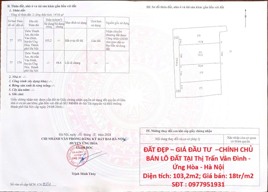 ĐẤT ĐẸP – GIÁ ĐẦU TƯ  –CHÍNH CHỦ BÁN LÔ ĐẤT TẠI Thị Trấn Vân Đình - Ứng Hòa - Hà Nội