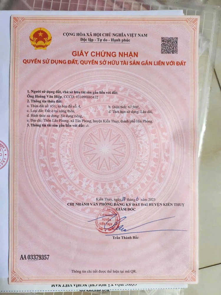 1.2 tỷ 67.9m2 Lão Phong Kiến Thụy Zalo 0567222555