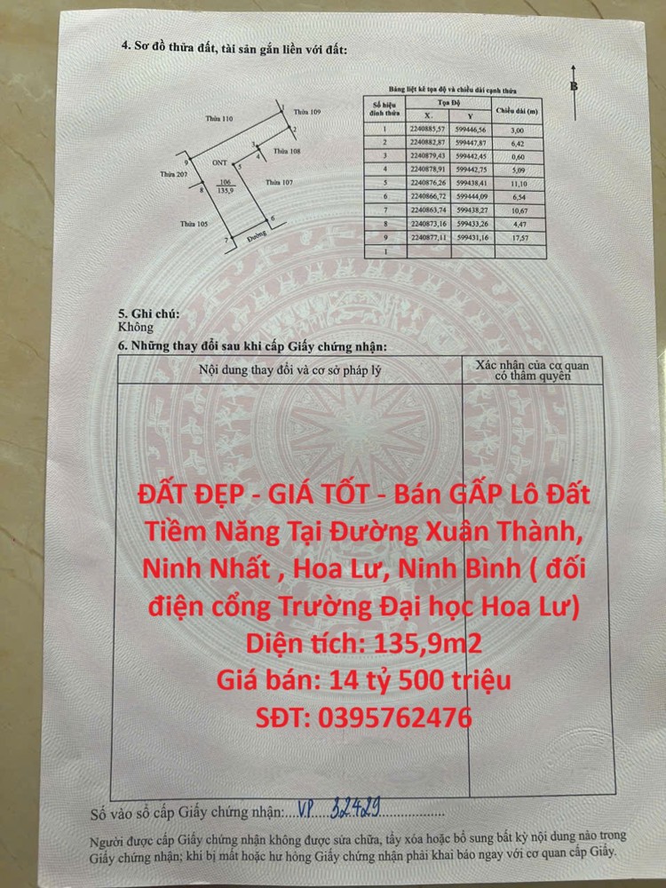 ĐẤT ĐẸP - GIÁ TỐT - Bán GẤP Lô Đất Tiềm Năng Tại Ninh Nhất, Ninh Bình ( đối điện cổng Trường Đại