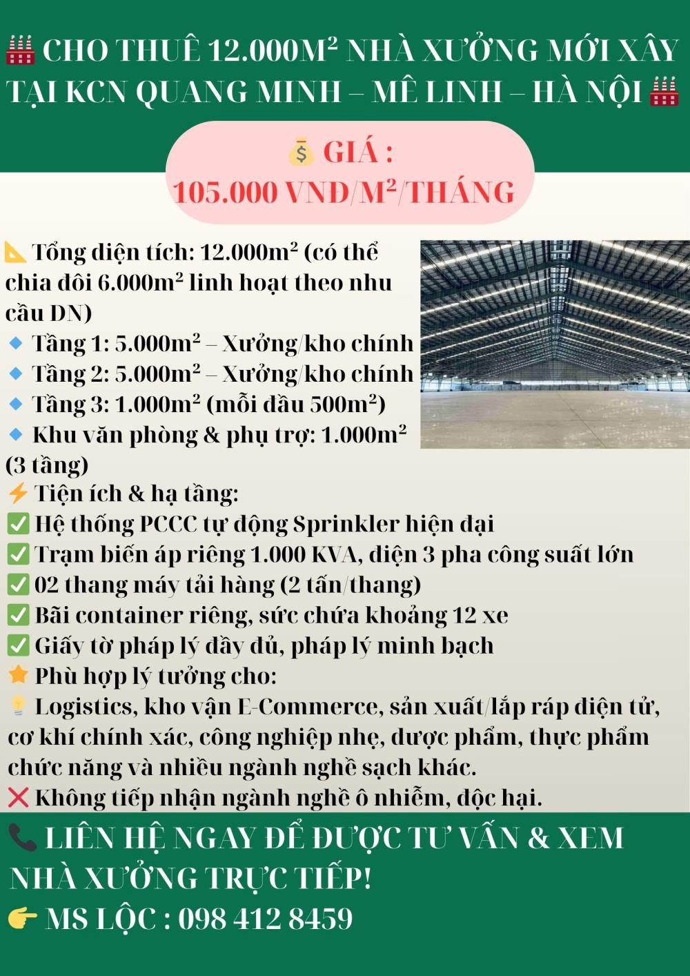 Cho Thuê Nhà Xưởng Mới Xây 12.000m² KCN Quang Minh - Mê Linh - Hà Nội