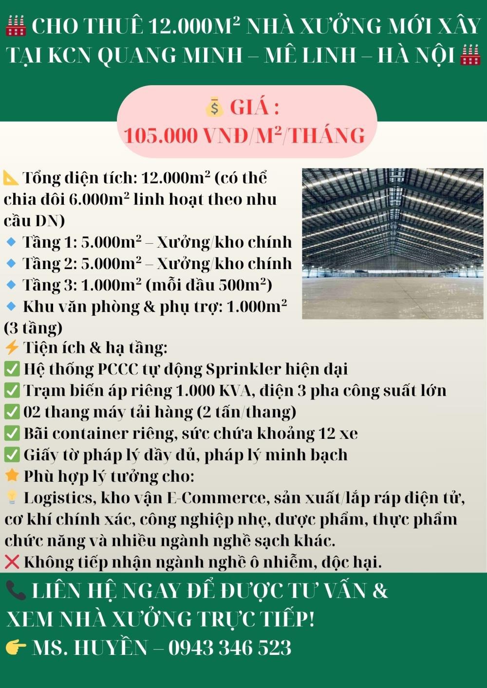 Cho Thuê Nhà Xưởng Mới Xây 12.000m² KCN Quang Minh - Mê Linh - Hà Nội