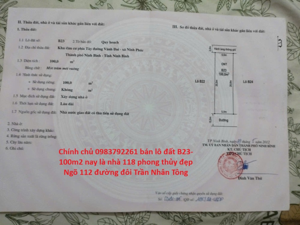 Tiêu đề : Chính Chủ 0983792261 Bán Lô B23- 100m2 nay là nhà 118 Phong Thủy Đẹp Ngõ 112 Đường Đôi