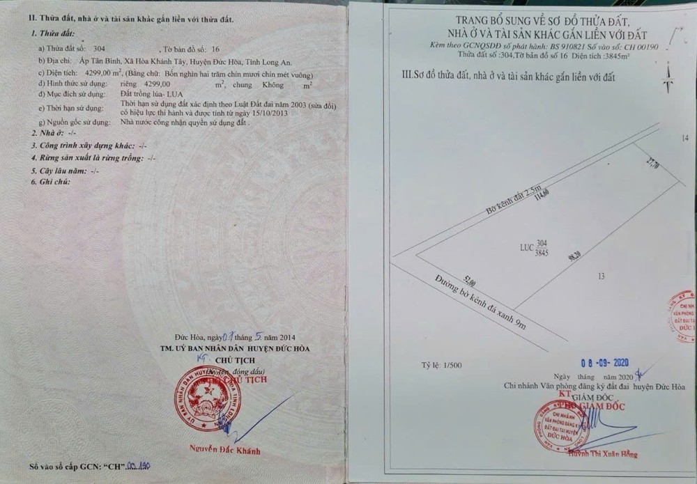 Bán đất ở Long An tổng diện tích 2 mảnh 7200 m2 giá cả thương lượng