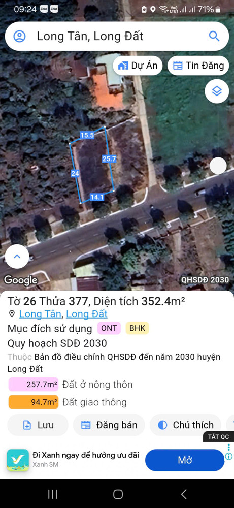 Chủ cần bán lô đất mặt tiền tỉnh lộ 52 -Long Tân(14*25)