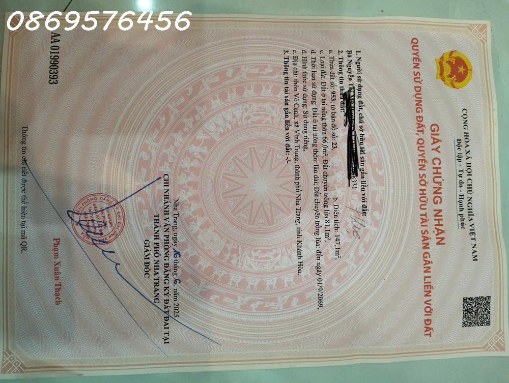 BÁN NHÀ TẠI XÃ VĨNH TRUNG, NHA TRANG, KHÁNH HOÀ