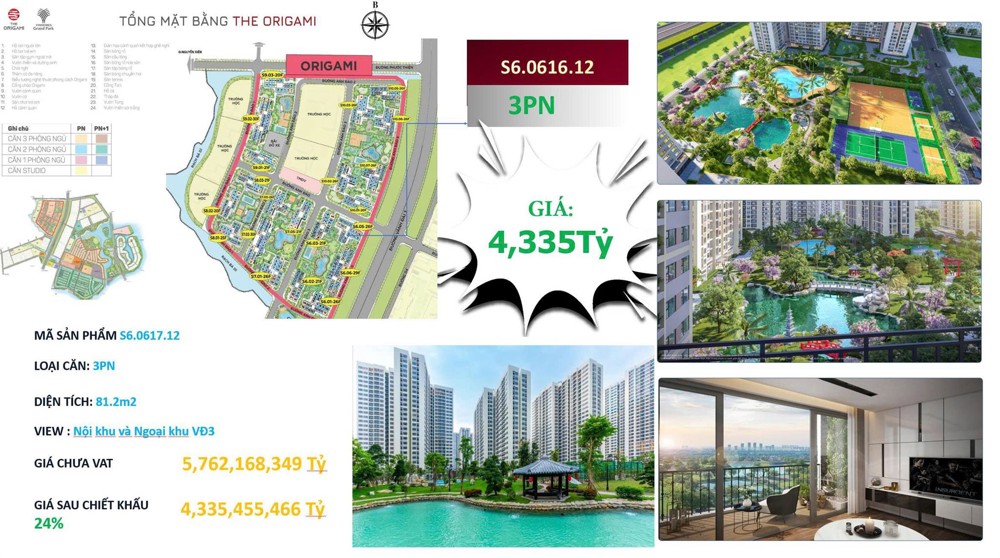 💎 Căn hộ 3 Phòng Ngủ – View Cực Phẩm, Đẳng Cấp Chuẩn Nhật
📍 Tòa S6 – Phân khu Origami, “trái tim