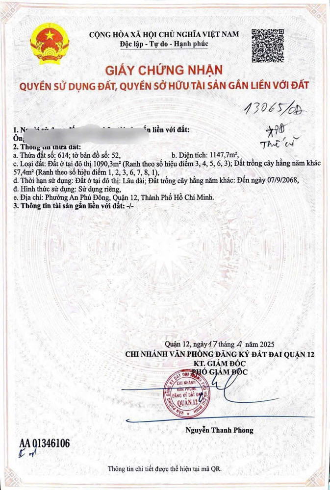 BÁN ĐẤT (23x92) MẶT TIỀN BỜ HỮU SÔNG SÀI GÒN – P. AN PHÚ ĐÔNG, Q.12
