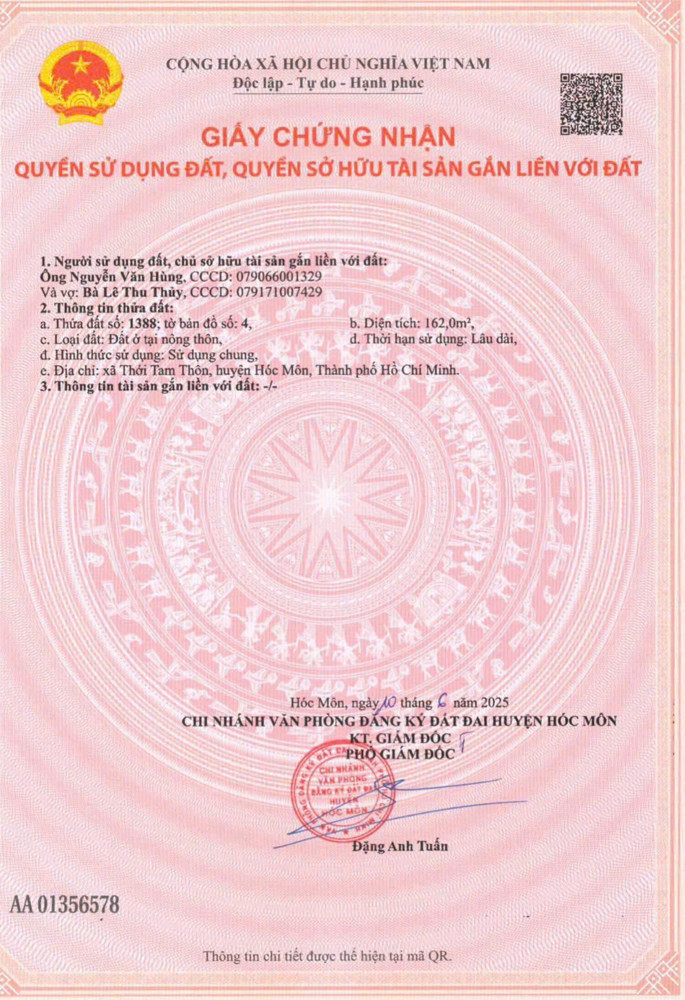 LÔ GÓC (16x16) 2MT TRUNG ĐÔNG 7, THỚI TAM THÔN, HÓC MÔN GIÁ 9,6 TỶ
