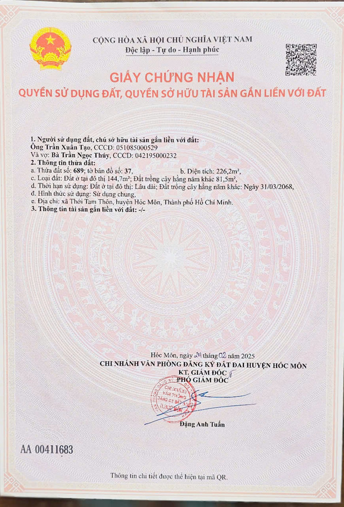Bán đất thổ cư Hóc Môn, đường Phùng Thị Chuyện, 226m2, SHR, giá 7 tỷ - LH: