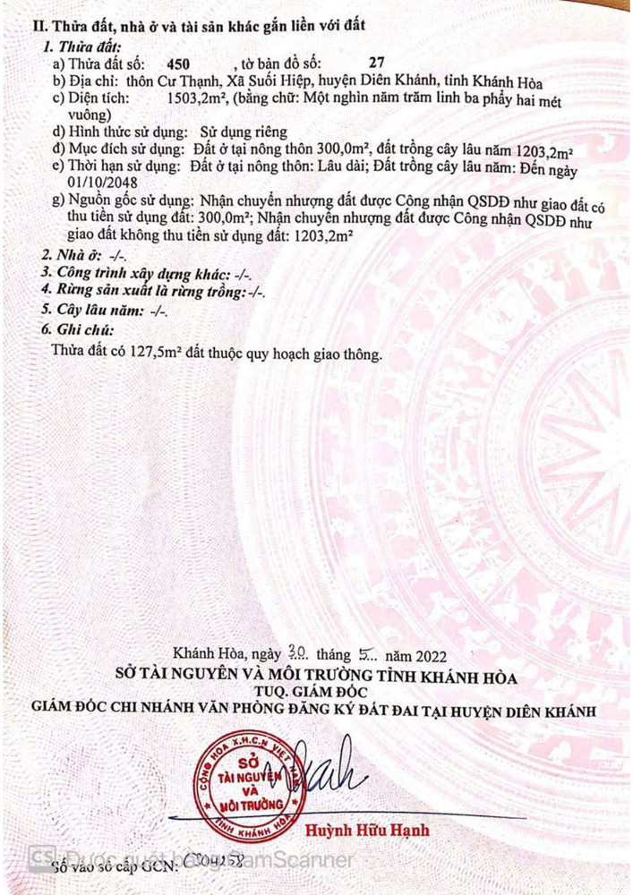 ĐẤT ĐẸP – GIÁ ĐẦU TƯ  - CẦN BÁN LÔ ĐẤT TẠI Đường 1, Xã Suối Hiệp, Diên Khánh, Khánh Hòa