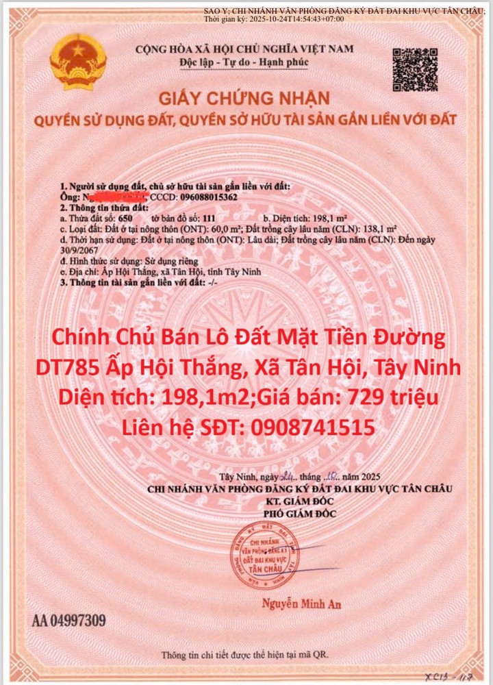 Chính Chủ Bán Lô Đất Mặt Tiền Đường DT785 Ấp Hội Thắng, Xã Tân Hội, Tây Ninh Chính Chủ Bán Lô Đất Mặt Tiền Đường DT785 Ấp Hội Thắng, Xã Tân Hội, Tây Ninh