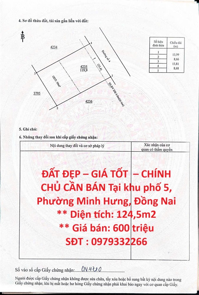 ĐẤT ĐẸP – GIÁ TỐT  – CHÍNH CHỦ CẦN BÁN Tại khu phố 5, Phường Minh Hưng, Đồng Nai