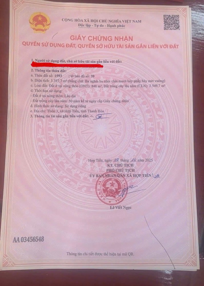 ĐẤT VƯỜN CHÍNH CHỦ - LÔ GÓC 2 MẶT TIỀN Tại Thôn 3, Xã Hợp Tiến ( Huyện Triệu Sơn Cũ ), Thanh Hóa
