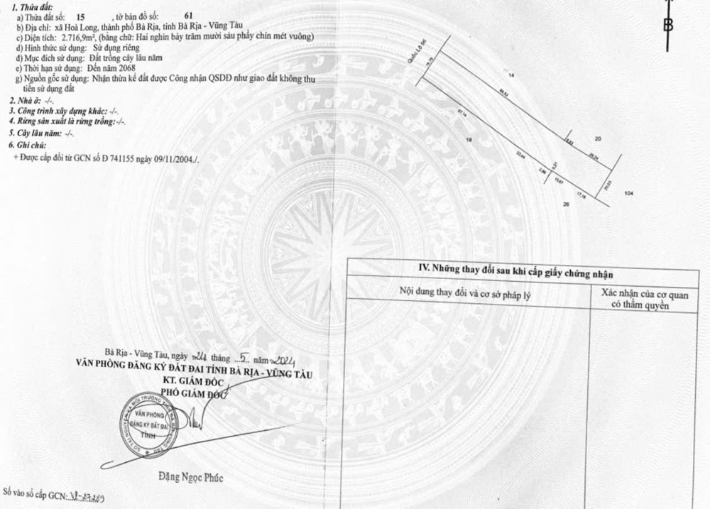 BÁN 2716M ĐẤT MẶT TIỀN QUỐC LỘ 56 XÃ HÒA LONG BRVT GIÁ 28 TỶ