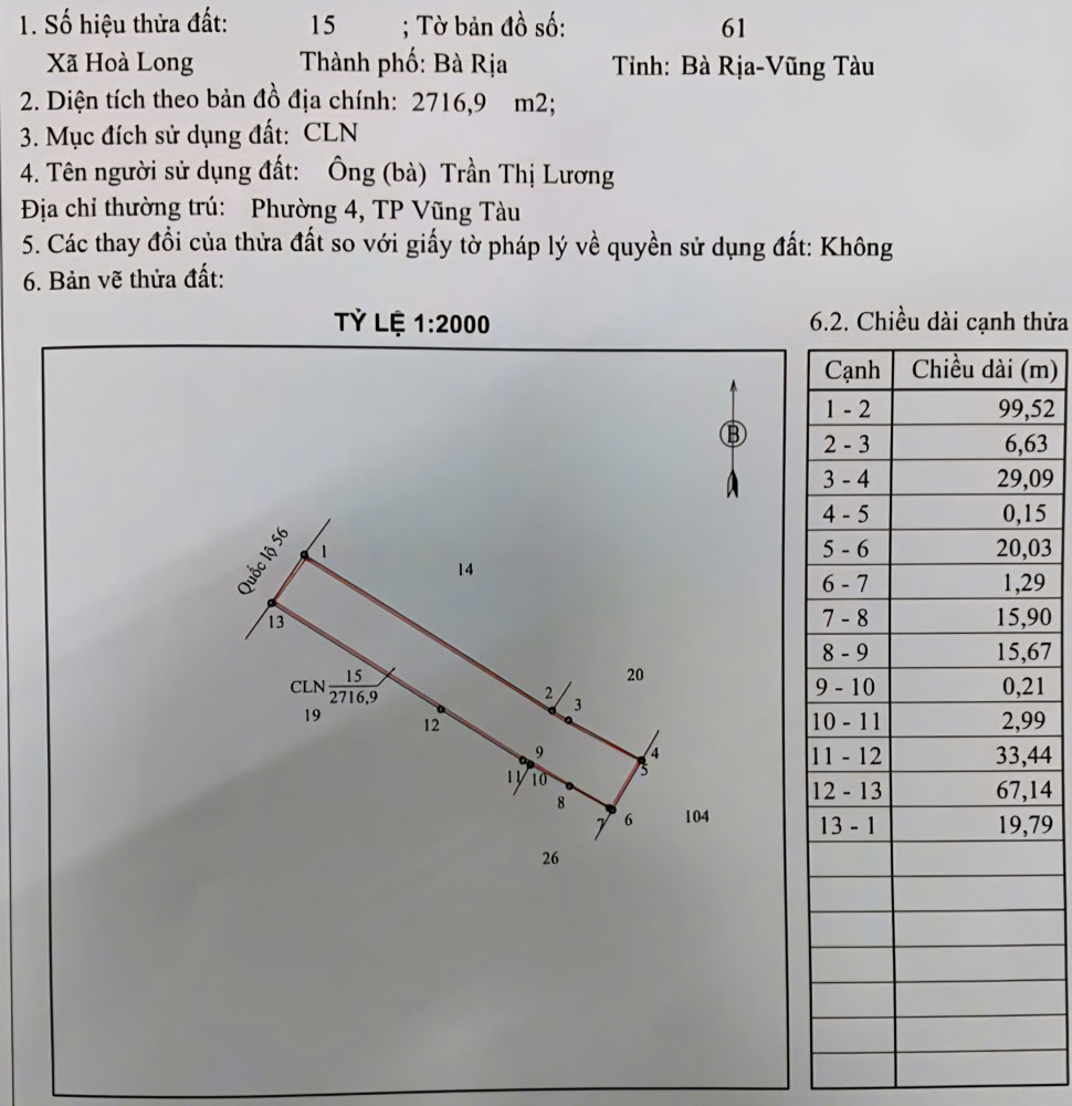 BÁN 2716M ĐẤT MẶT TIỀN QUỐC LỘ 56 XÃ HÒA LONG BRVT GIÁ 28 TỶ