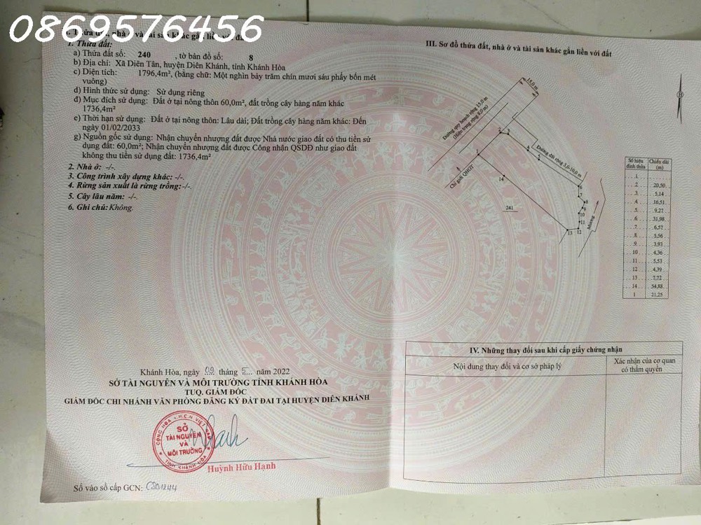 BÁN 1.800MÉT ĐẤT ĐỂ PHÂN LÔ CHO NHÀ ĐẦU TỪ TẠI KHÁNH HOÀ