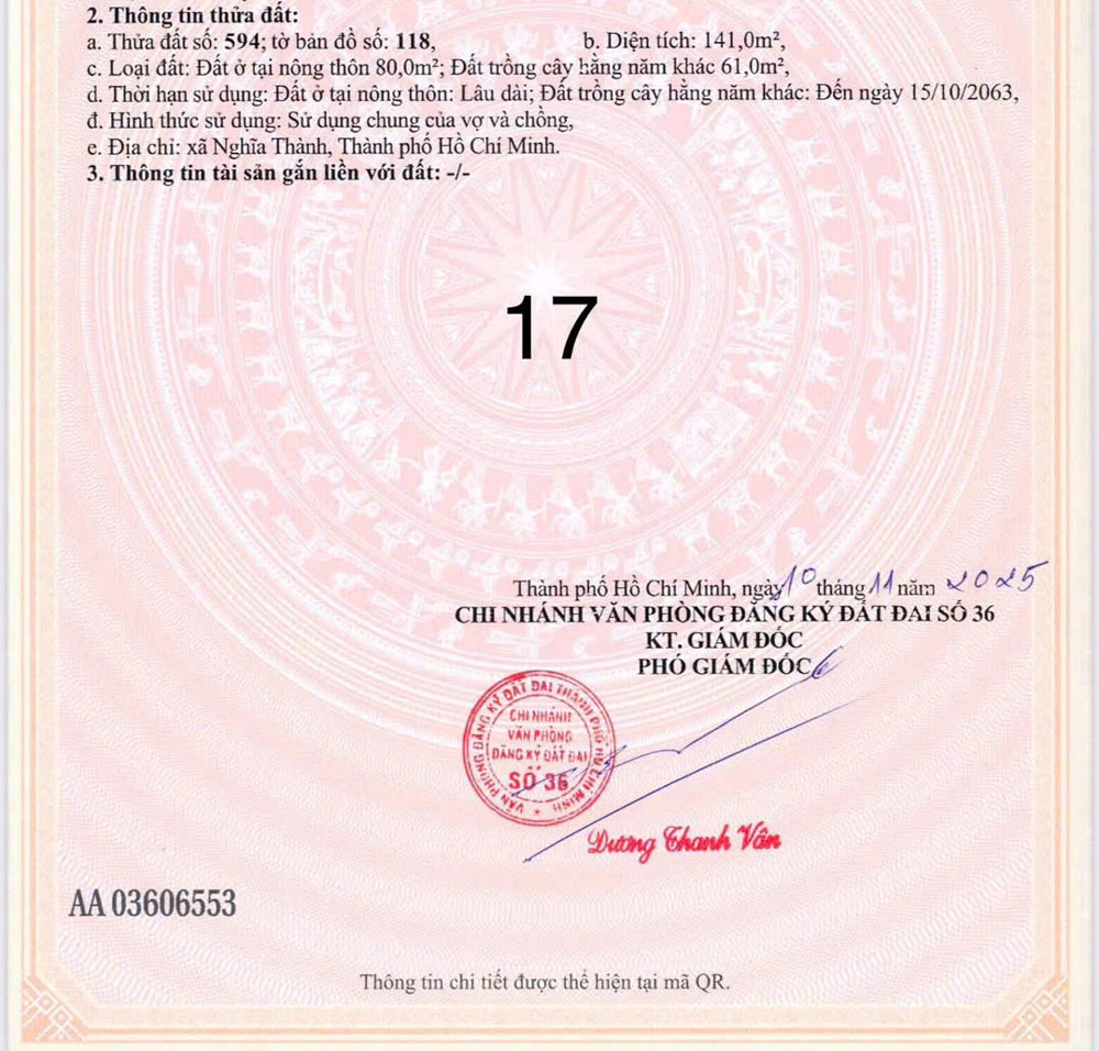 Sỉ 17 lô tại nghĩa thành “ mới” đường nhựa vỉa hè . Cách đường lớn quốc lộ 150”