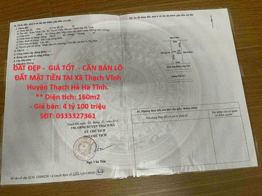 ĐẤT ĐẸP -  GIÁ TỐT  - CẦN BÁN LÔ ĐẤT MẶT TIỀN TẠI Xã Thạch Vĩnh Huyện Thạch Hà Hà Tĩnh