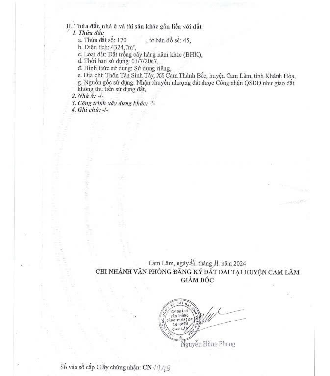 Bán Đất 4324m2 MẶT TIỀN Đường số 4 Cam Thành Bắc, Cam Lâm, Khánh Hòa (chỉ 5 triệu/m²)