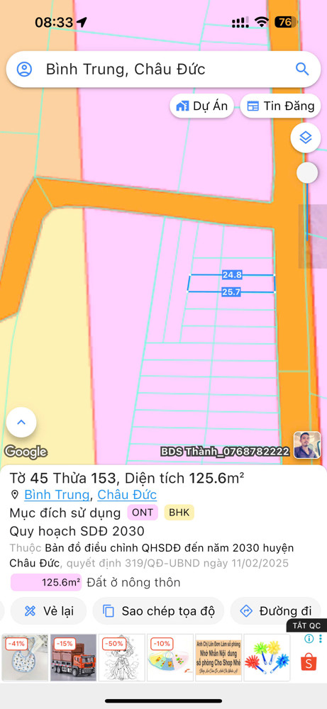Chủ cần bán gấp 2 lô liền kề tọa lạc tại xã bình giã huyện châu Đức khu dân cư đường nhựa 7 mét