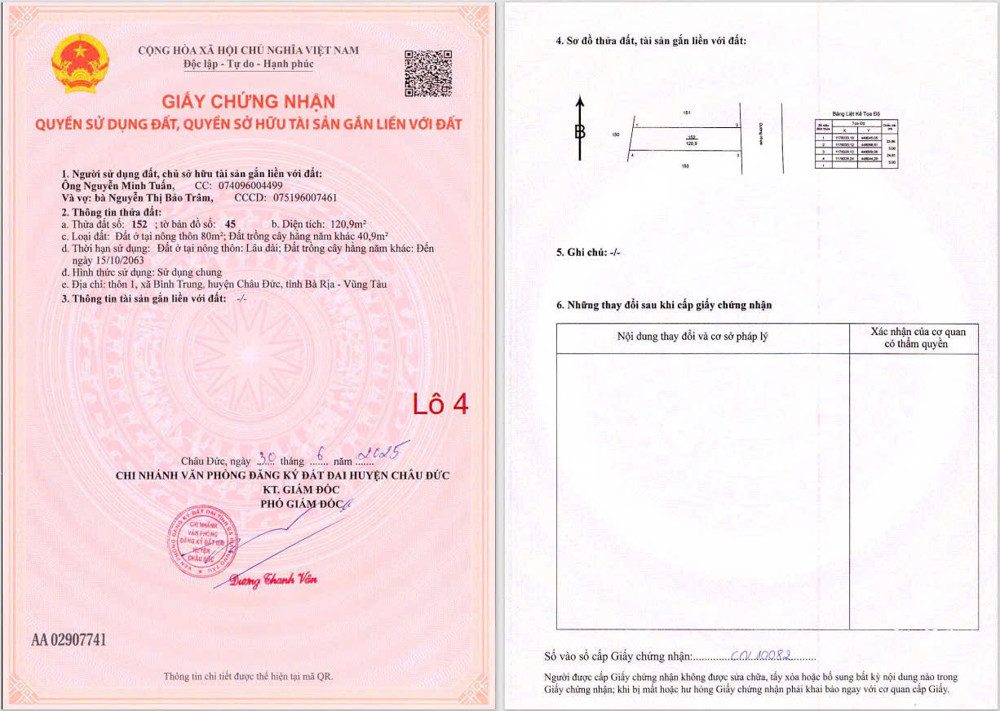 Chủ cần bán gấp 2 lô liền kề tọa lạc tại xã bình giã huyện châu Đức khu dân cư đường nhựa 7 mét