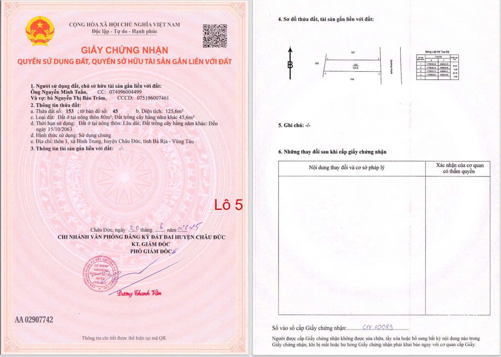 Chủ cần bán gấp 2 lô liền kề tọa lạc tại xã bình giã huyện châu Đức khu dân cư đường nhựa 7 mét