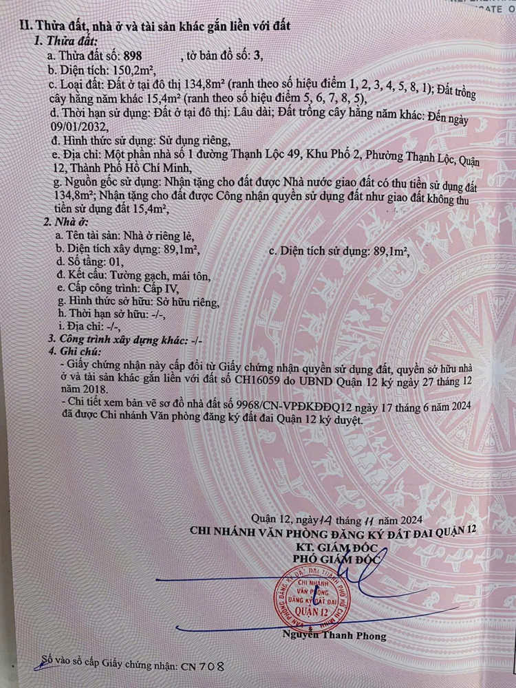 NHÀ CẤP 4 (7.5x20) MẶT TIỀN THẠNH LỘC 49, Q12 – XE TẢI VÀ Ô TÔ VÀO TẬN NHÀ!