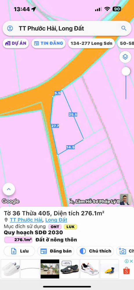 Lô góc 2 mặt tiền tại thị trấn phước hải . Đường nhựa khu dân cư 👉👉👉 Tổng dt 276m có 100,1m thổ
