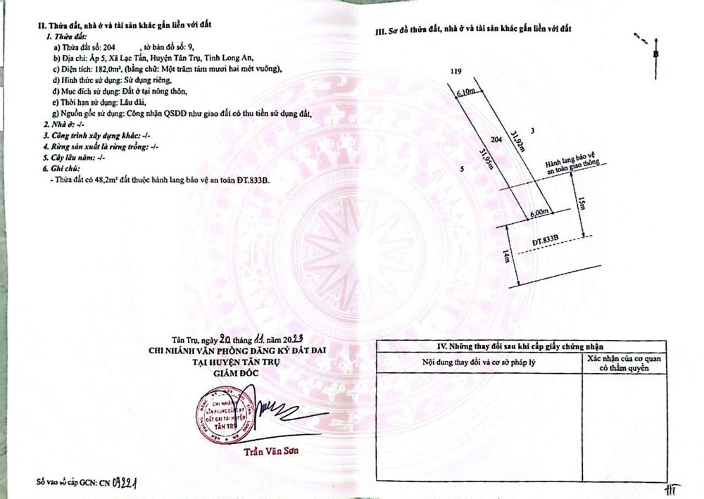 ĐẤT ĐẸP - GIÁ TỐT -  BÁN NHANH LÔ ĐẤT Mặt Tiền Tỉnh lộ 833B Xã Lạc Tấn, Tân Trụ, Long An