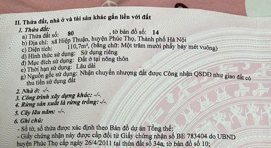 Cần bán đất 110,7 m2 full thổ cư - giá chỉ 4 tỷ 800 triệu - Huyện Phúc Thọ - Hà Nội