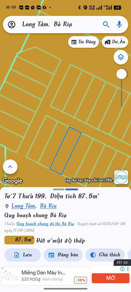 Chủ cần bán miếng đất tại Phường Tam Long Thành Phố Hồ Chí Minh ( thuộc Phường Long Tâm cũ TP Bà