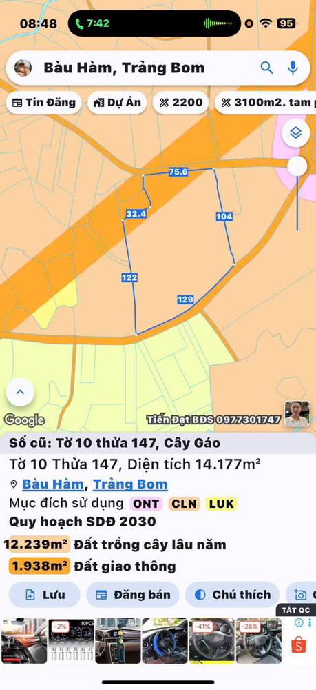 Bán đất 2 Mặt Tiền Đường Tổ 1 - Tân Lập 2 
Xã Cây Gáo, Huyện Trảng Bom, Tỉnh Đồng Nai-0909808615