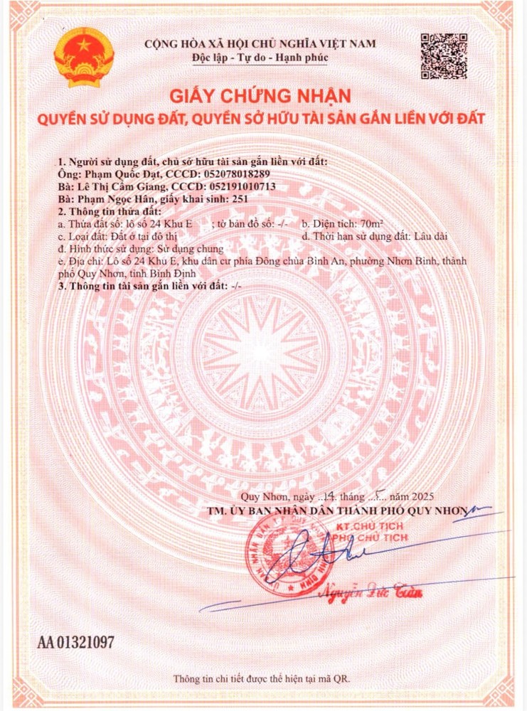 BÁN LÔ ĐẤT MẶT TIỀN KHU ĐÔNG CHÙA BÌNH AN – CHỢ DINH, TP QUY NHƠN