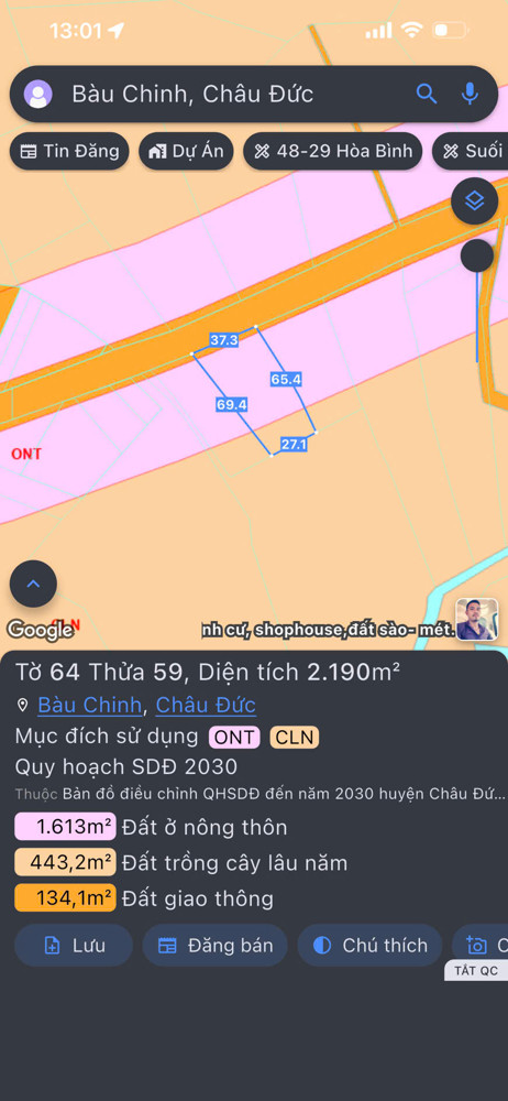 Cần bán lô mặt tiền đường nhựa chính Bàu Chinh,dt 2190m có 300m thổ cư