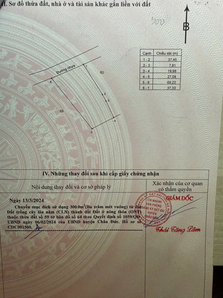 Cần bán lô mặt tiền đường nhựa chính Bàu Chinh,dt 2190m có 300m thổ cư