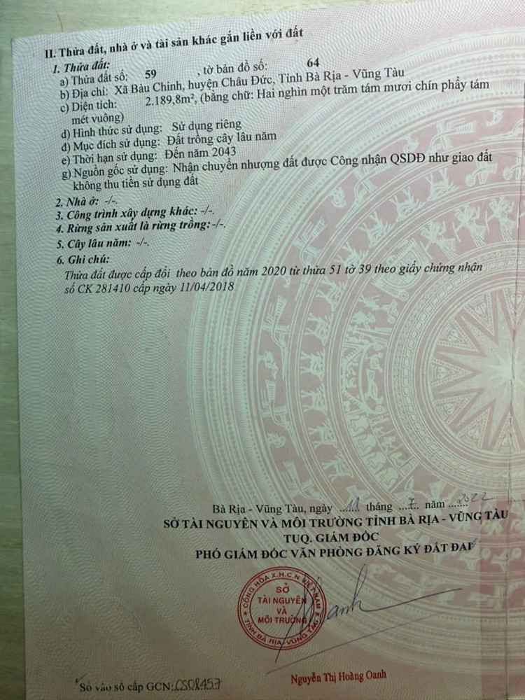 Cần bán lô mặt tiền đường nhựa chính Bàu Chinh,dt 2190m có 300m thổ cư