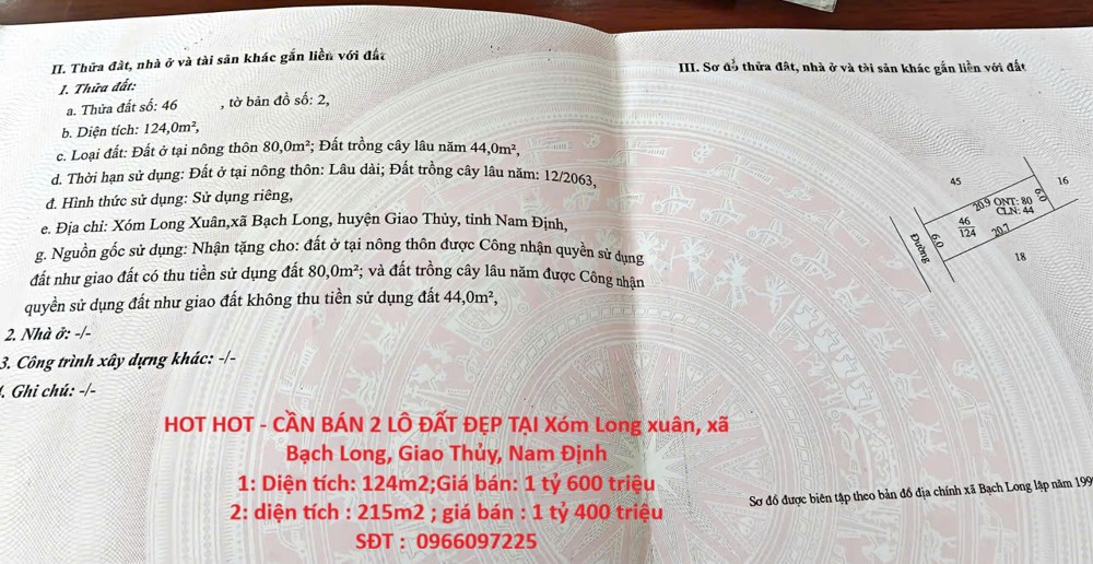 HOT HOT - CẦN BÁN 2 LÔ ĐẤT ĐẸP TẠI Xóm Long xuân, xã Bạch Long, Giao Thủy, Nam Định