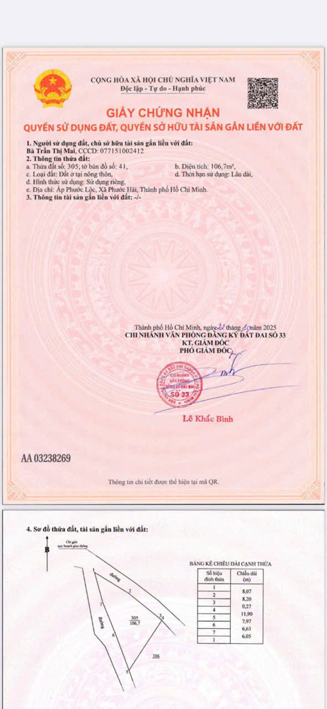 Chủ bán lô đất xã phước hải 107 m full thổ cư . Khu dân cư kín mít giá chốt 570 triệu 