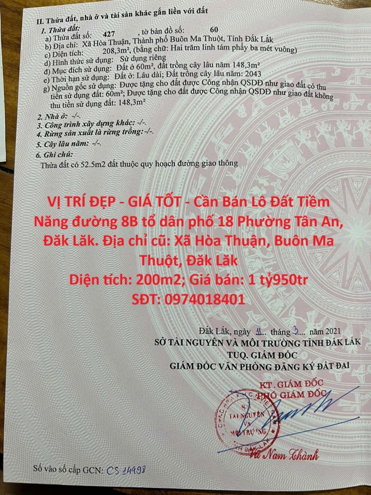 VỊ TRÍ ĐẸP - GIÁ TỐT - Cần Bán Lô Đất Tiềm Năng đường 8B tổ dân phố 18 Phường Tân An, Đăk Lăk
