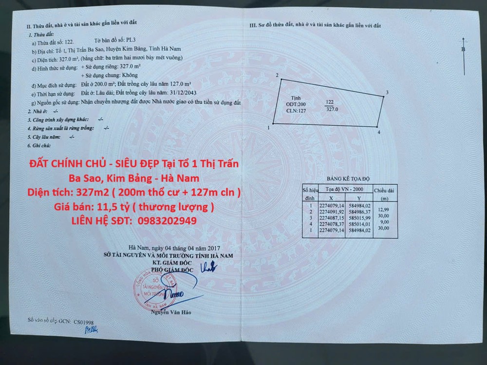 ĐẤT CHÍNH CHỦ - SIÊU ĐẸP Tại Tổ 1 Thị Trấn Ba Sao, Kim Bảng - Hà Nam