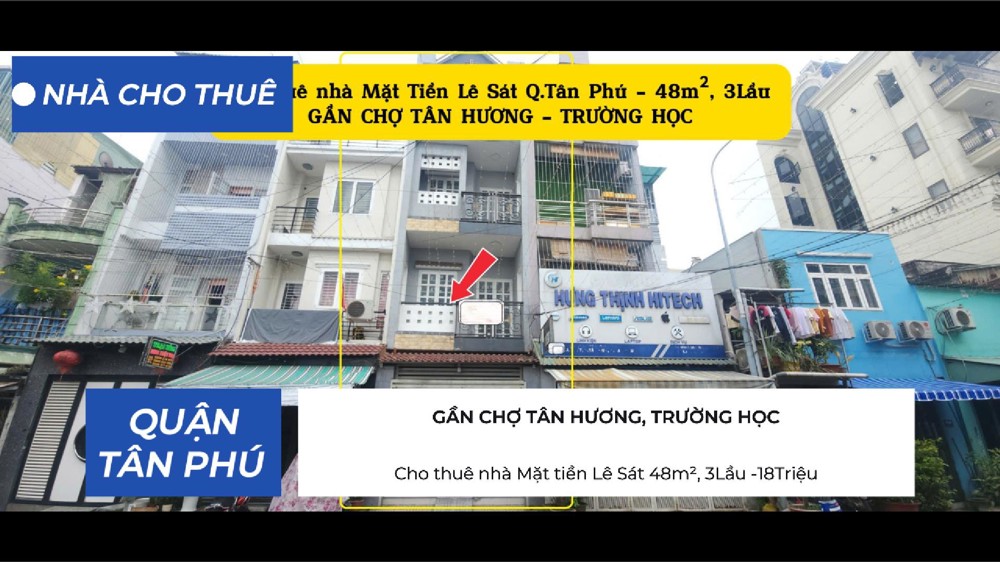 Cho thuê nhà Mặt tiền Lê Sát 48m², 3Lầu -18Triệu - GẦN CHỢ, TRƯỜNG HỌC