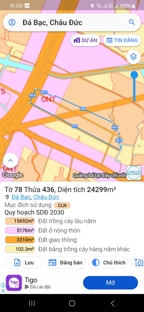 Chị chủ gởi bán 2ha5 60m mt ql56 sẳn 900 thổ cư , đã đăng ký lên 5000tc 