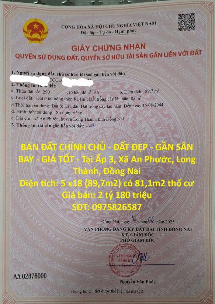 BÁN ĐẤT CHÍNH CHỦ - ĐẤT ĐẸP - GẦN SÂN BAY - GIÁ TỐT - Tại khu trung tâm Long Thành, Đồng Nai