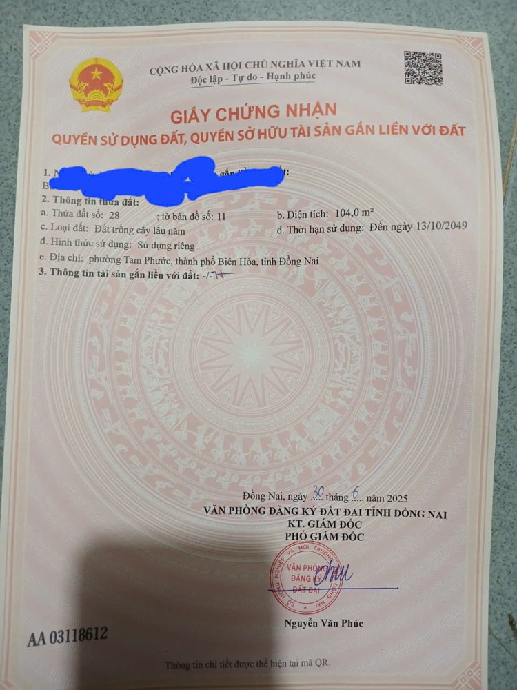 ĐẤT SIÊU ĐẸP – GIÁ TỐT- CHÍNH CHỦ BÁN LÔ ĐẤT TẠI Phường Tam Phước, Biên Hoà, Đồng Nai