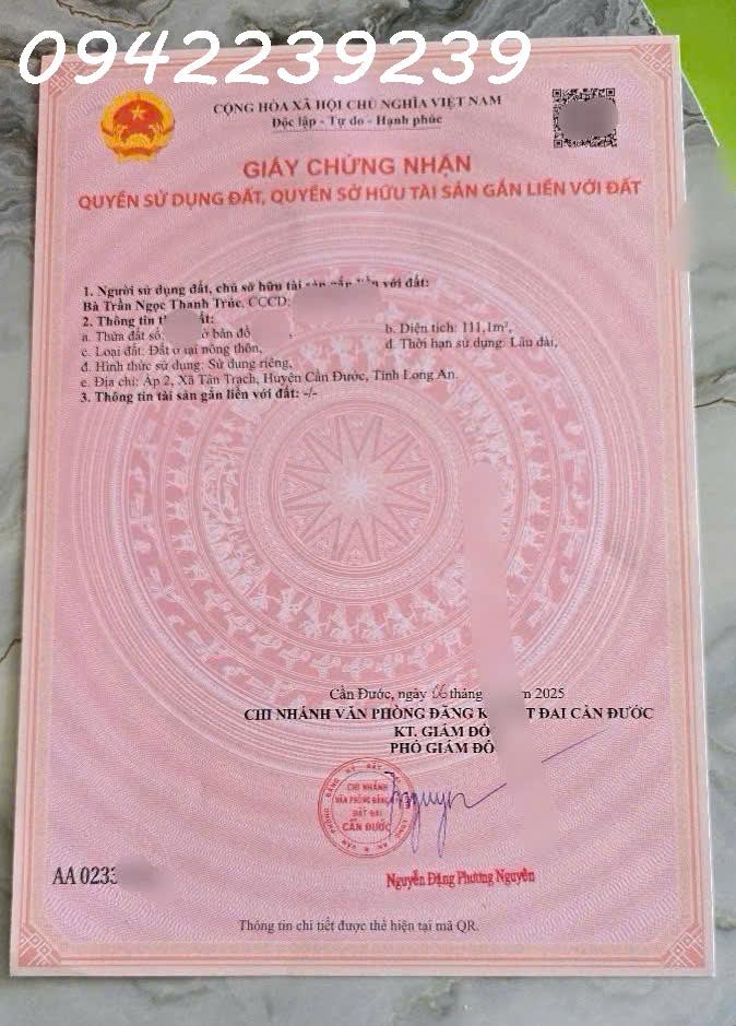 110m2 thổ cư, giá 900tr, đường oto vào tới đất, Tây Ninh ( xã Tân Trach, huyện Cần Đước, Long An cũ)