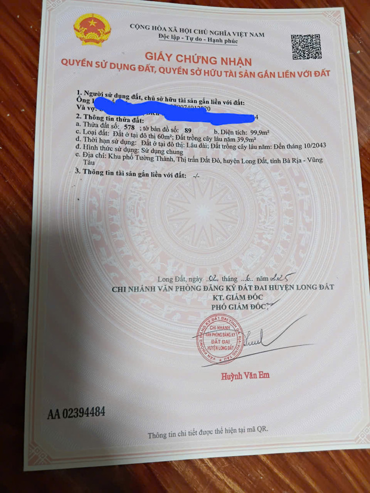 Chủ bán 100mv đường bê tông ô tô xã đất đỏ hcm 5x20 60 tc giá chỉ 900tr